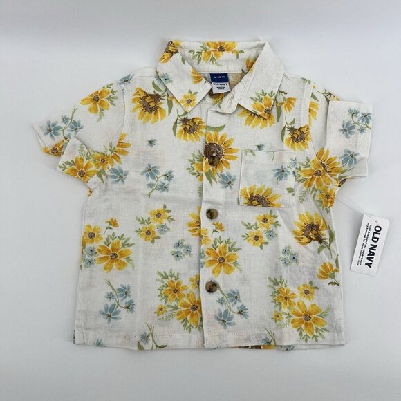Old Navy Toddler Boys Linen Blend Shirt Short Sleeve Floral Print Sunflower 3T - Picture 6 of 7